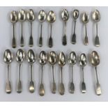 Eighteen hallmarked silver fiddle pattern teaspoons, various dates and assay offices, 9 oz