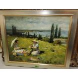 R. Le Rossett: oil on canvas of two women in large flowery field, in silvered frame 44x54cm