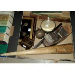 A selection of collectables: an old wood plane; marlin spike; etc.