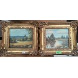 A pair of small gilt framed modern oil paintings of rural scenes 14x16cm; a larger modern oil of a
