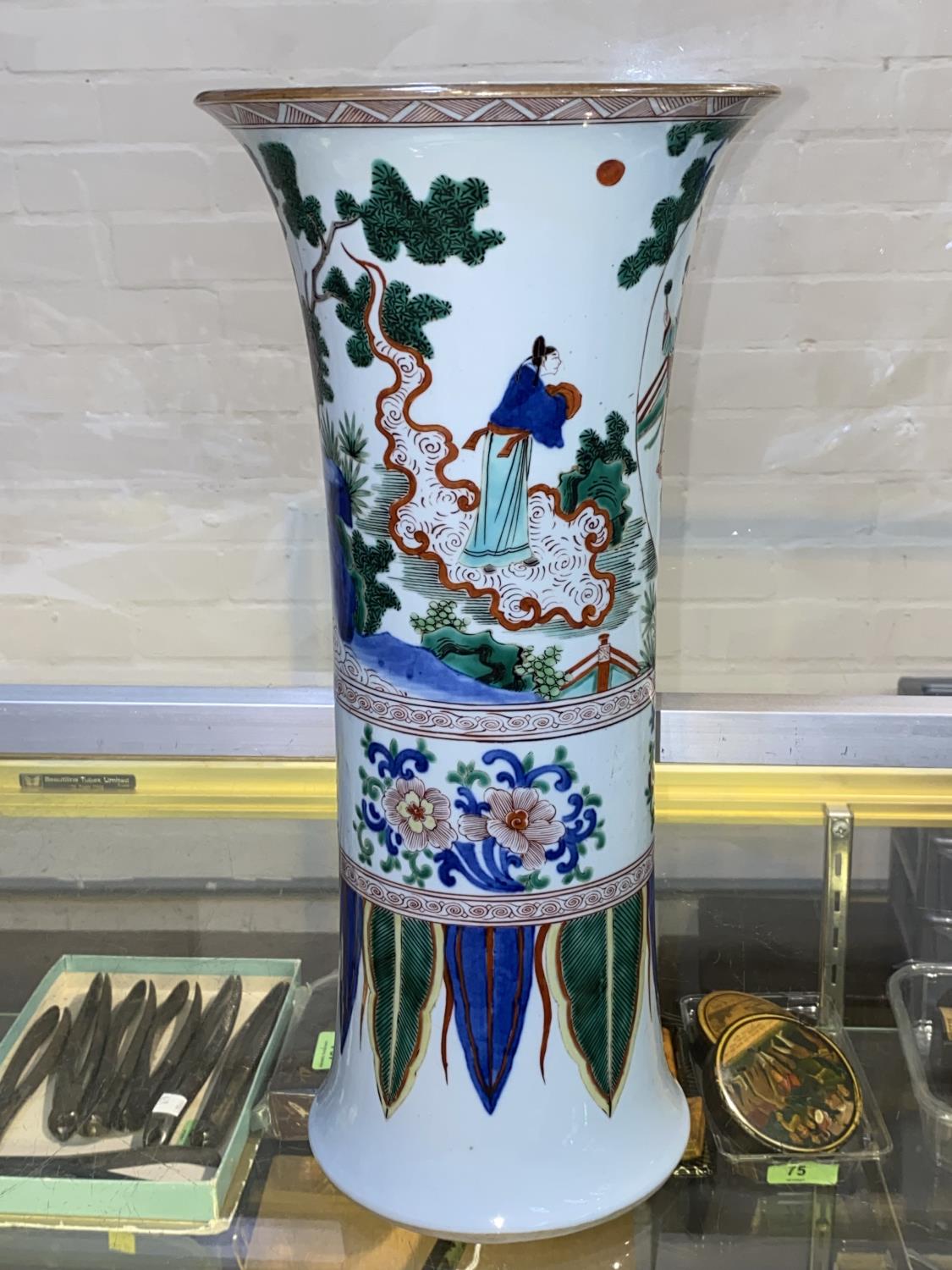 A Chinese famille verte cylindrical vase with flared rim, depicting a domestic scene, height - Image 4 of 6