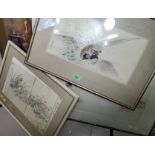 A pair of early 20th century Japanese watercolours of birds, 20 x 40cm and 2 others similar