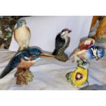 Four Beswick bird models: Chicadee 929, Kestrel 2316, Lesser spotted Woodpecker 2420 and