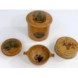 A mauchline circular lidded box with Scott Monument Edinburgh, a smililar smaller, a quaich,