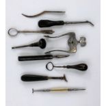 DENTISTRY - a 19th century jaw opener by WOOD, 8 various elevators and other instruments