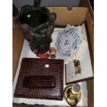 A crocodile skin effect cigar humidor; a Delft style tile; two Playboy ashtrays etc.