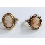 A 9ct hallmarked gold cameo set ring 3.7gm size M ; a similar ring stamped 9ct gold, 2.7gm size I/J