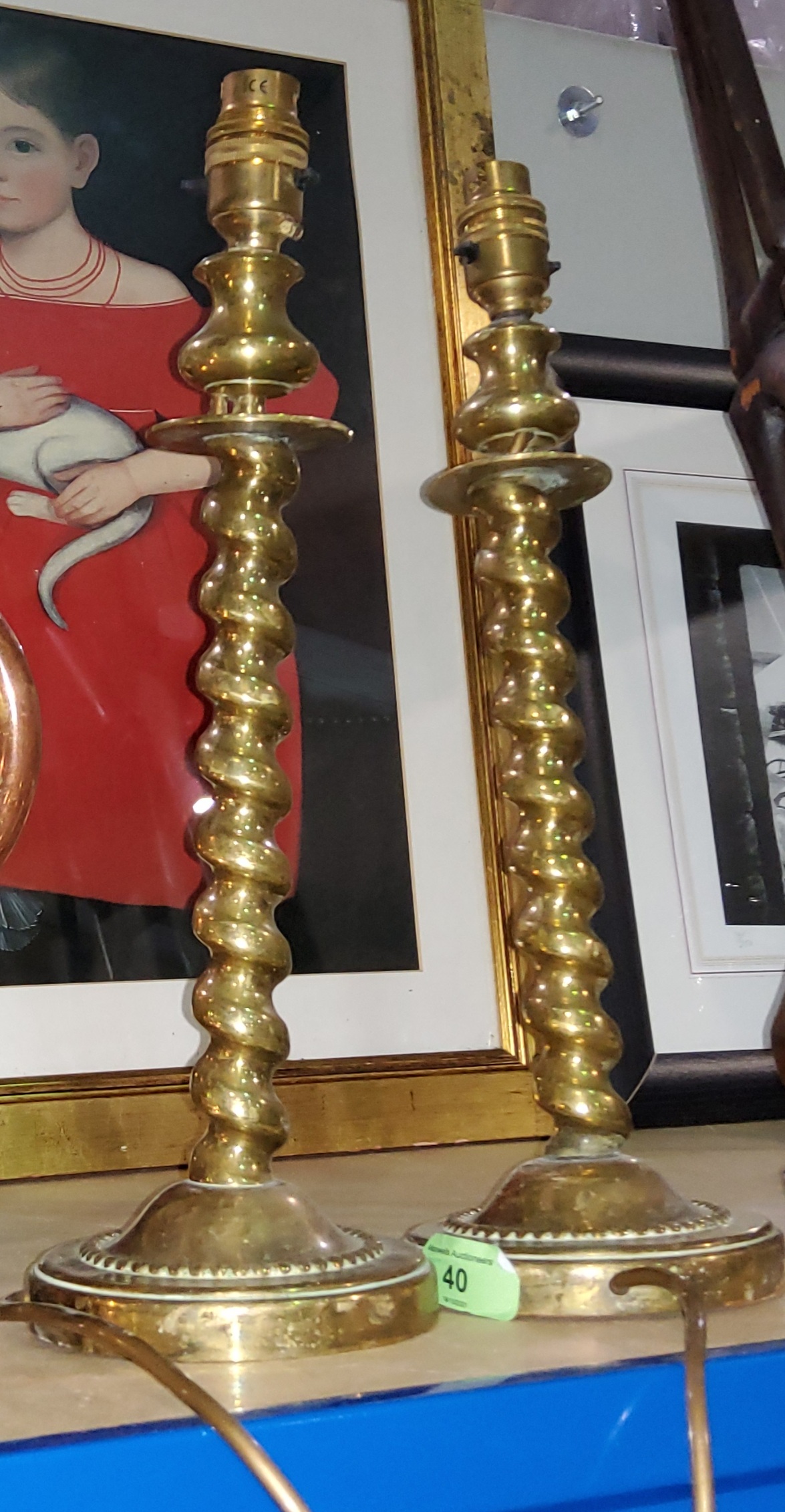 A pair of brass barley twist column table lamps (converted)