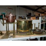 A 19th century copper kettle; a brass trivet; a coal box; a jelly mould; etc.