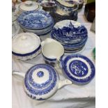A part Booths Real Old WIllow pattern blue and white dinner service, a Chatsworth blue and white