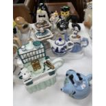 9 Novelty teapots including an Owl, Penguin, cow etc