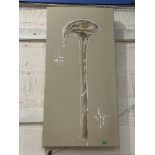 Clare Wright: Mixed media and oil on a cream leather background, titled "Calla Lilly on Cream",