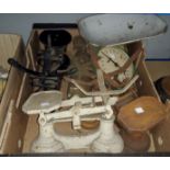 A selection of old kitchen scales and kitchenalia