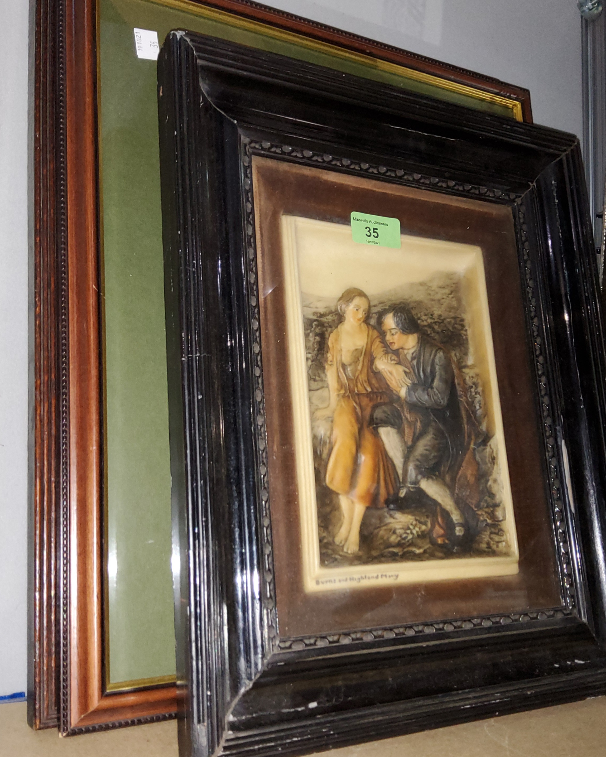 An Edwardian wax relief picture "Highland Mary & Burns"; M Longbottom: rural farm, watercolour,