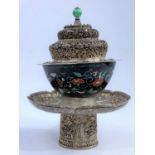 A Chinese famille noir bowl, 6 character mark to base, with associated white metal base and lid,