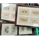 A collection of 12 WWI silk postcards in two pairs of frames, 33 x 43cm and 26 x 32cm overall