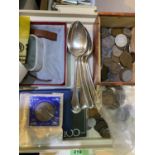 An 1843 Half crown, a selection of various coins, spoons etc