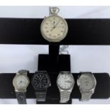 A military style silver coloured stop watch; 4 modern gents quartz wrist watches.
