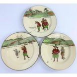 Three Royal Doulton plates depicting early golfing scenes, with text, printed mark in blue: D3395,