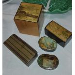 A 19th century painted lacquer box, four similar mauchline boxes of various shapes.