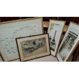 After Henry Ziegler, a limited edition etching of a man sat on cart, 29/30, two framed prints of