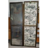 A 19th century distressed mirror panel 2-fold screen; a bamboo effect towel rail; a painted towel