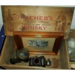 A Brocklehurst Silk in frame, A Teacher's Whiskey vintage advertising box and two vintage bike lamps