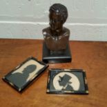 A Bronze bust of Lord Byron on square slate plinth H15cm; a pair of framed siluette miniatures