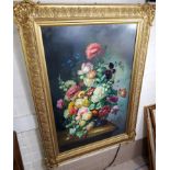 Mielof: Large impressive oil on board, still life of flowers in vase with antique style gilt