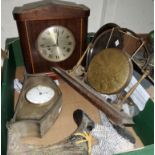 A silverplated mantle clock with 8 day French movement, another clock, etc.