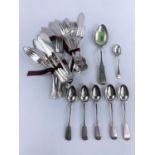 A possibly Greek white metal spoon 1.2oz, five hall marked tea spoons and another smaller spoon 4.