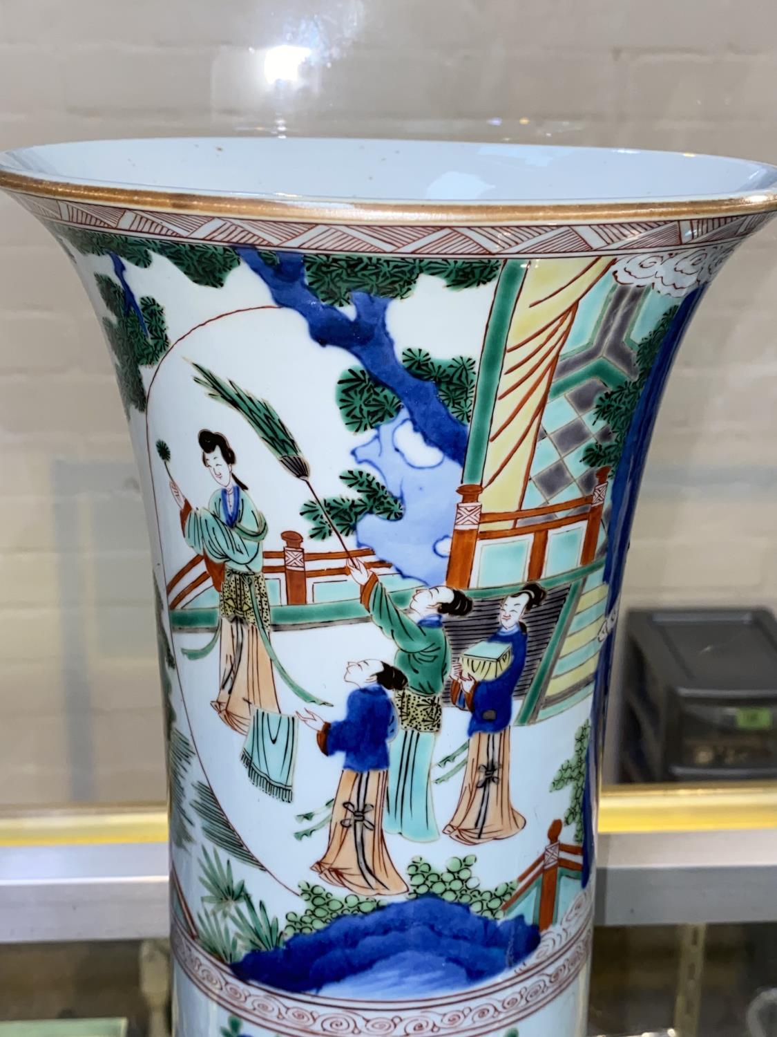 A Chinese famille verte cylindrical vase with flared rim, depicting a domestic scene, height - Image 2 of 6