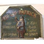 A vintage painted wooden Peg Led Patrick Turf accountant sign, 75x91cm