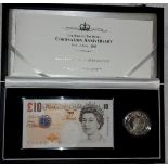 GB: QEII Coronation 50th Anniversary 1953-2003 £10 note and silver proof £5 coin