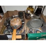 A selection of antique pewter dishes, a copper fondue set, 2 lamps, other metalware