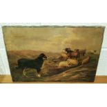 A 19th century oil on canvas of a sheep dog watching sheep on a mountainside unsigned and unframed