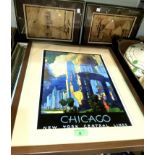 An advertising print Art Deco style Chicago New York Central Lines, another print, 2 African