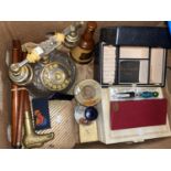 A 1950's glass and gilt metal telephone, jewellery boxes and decorative items