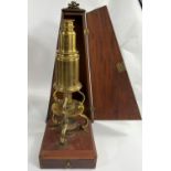 A CULPEPER MICROSCOPE, brass late 18th or early 19th century, mounted on mahogany plinth with fitted