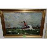 H. Hocknell: oil on board of steam boat on choppy waters, with liners and shore in the background,