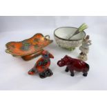 A Royal Doulton Flambe elephant with raised trunk length 16cm, a ceramic and silver plated mounted