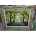 Donald Ayres: modern oil of board of a forrest path with bluebells, framed 29x39cm