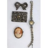 A 1950's marcasite plaque brooch marked 835: 3 other pieces of marcasite jewellery