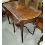 An Edwardian Sheraton style circular drop leaf table with centre inlaid panel, 96cm
