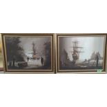 Delon: a pair of oils on canvas of foggy scenes a harbour with ships and a smugglers cove with