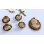 An oval female head shell cameo pendant in a 9ct hallmarked gold surround; a pair of cameo