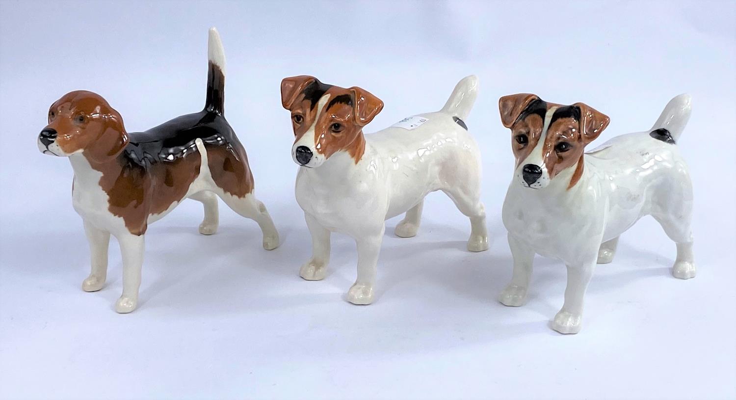 Three Beswick dogs, two Jack Russell Terrier 2023 and a Beagle, Wendover Billy 1933.