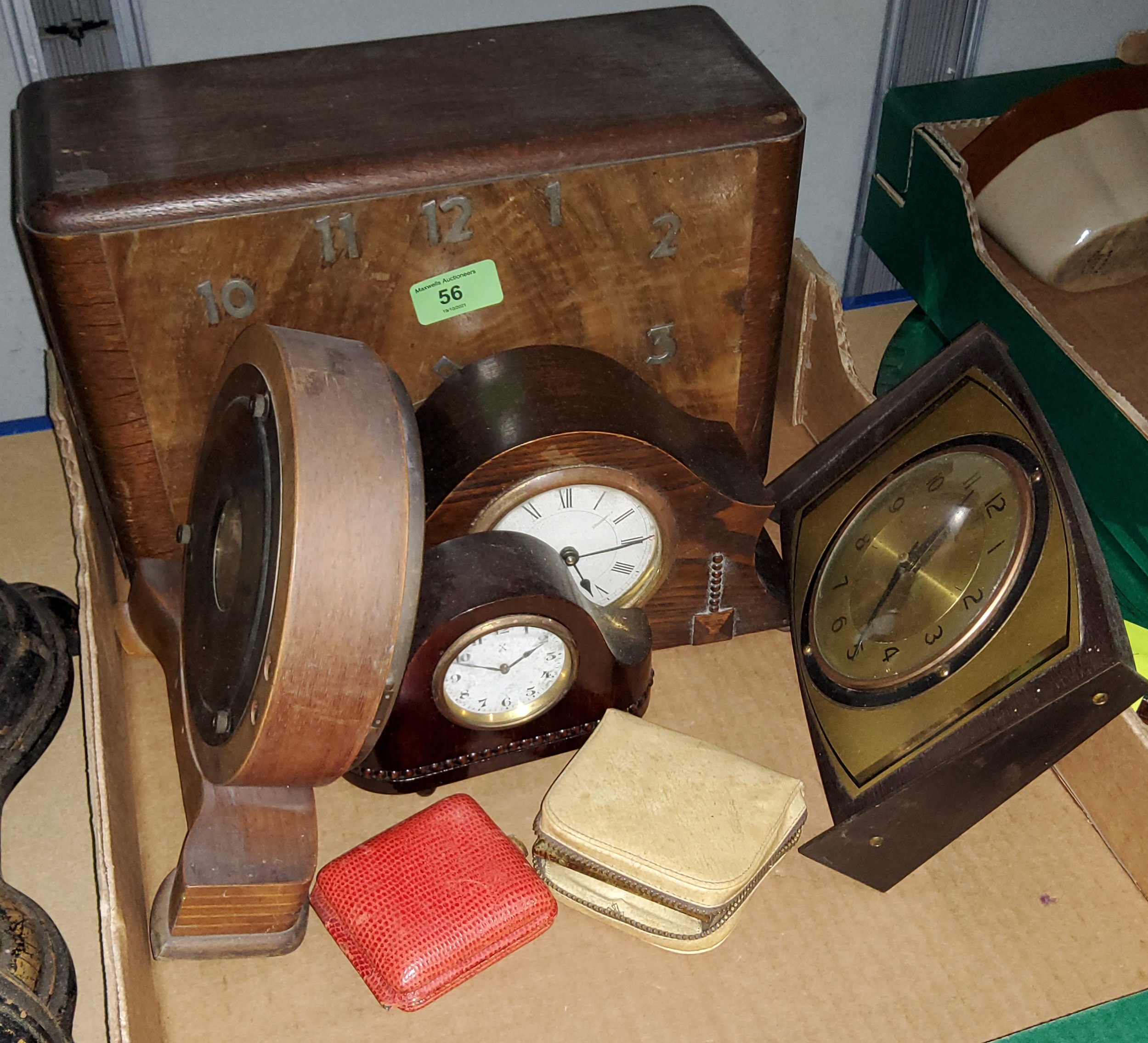 A selection of wooden boxes; a 1930's walnut cased mantel clock; other clocks