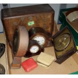 A selection of wooden boxes; a 1930's walnut cased mantel clock; other clocks
