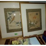 Two Japanese silk paintings of flowers one with bird one with butterfly both with seals, both framed